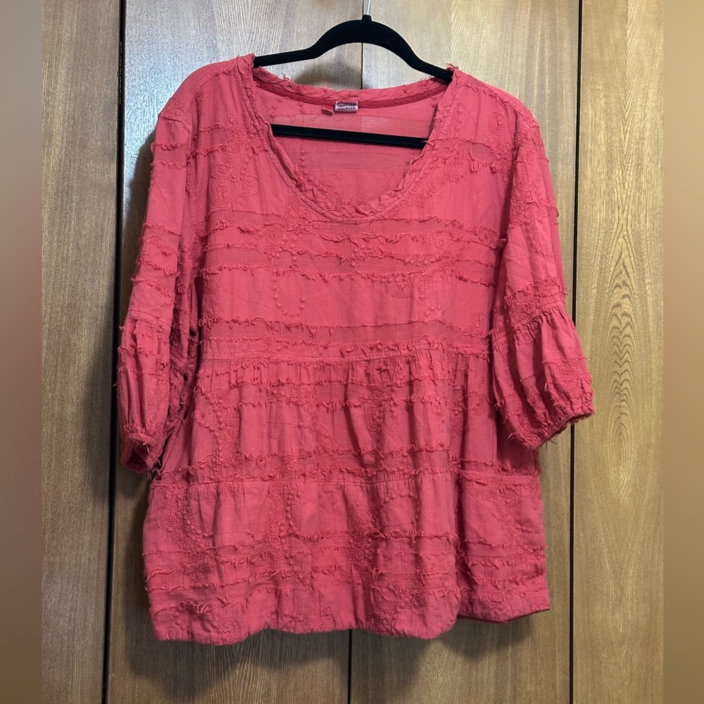 Women’s Washed Ruffle Detail Peasant Top - Coral Orange sunset